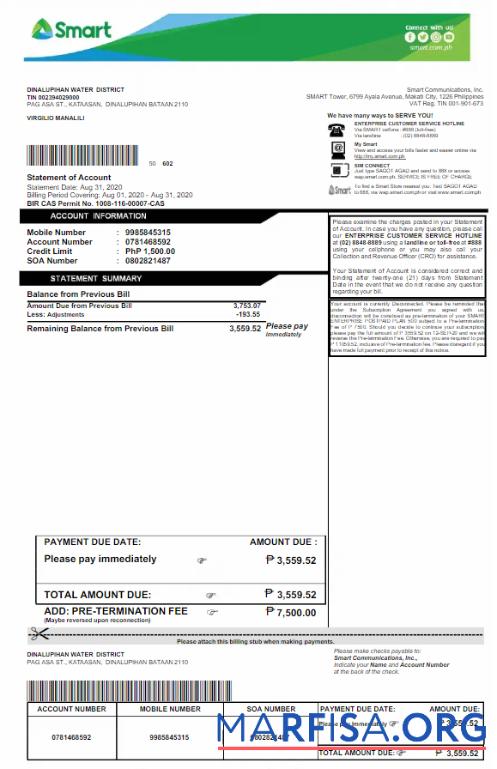Printable PHILIPPINES SMART utility bill Word and PDF template